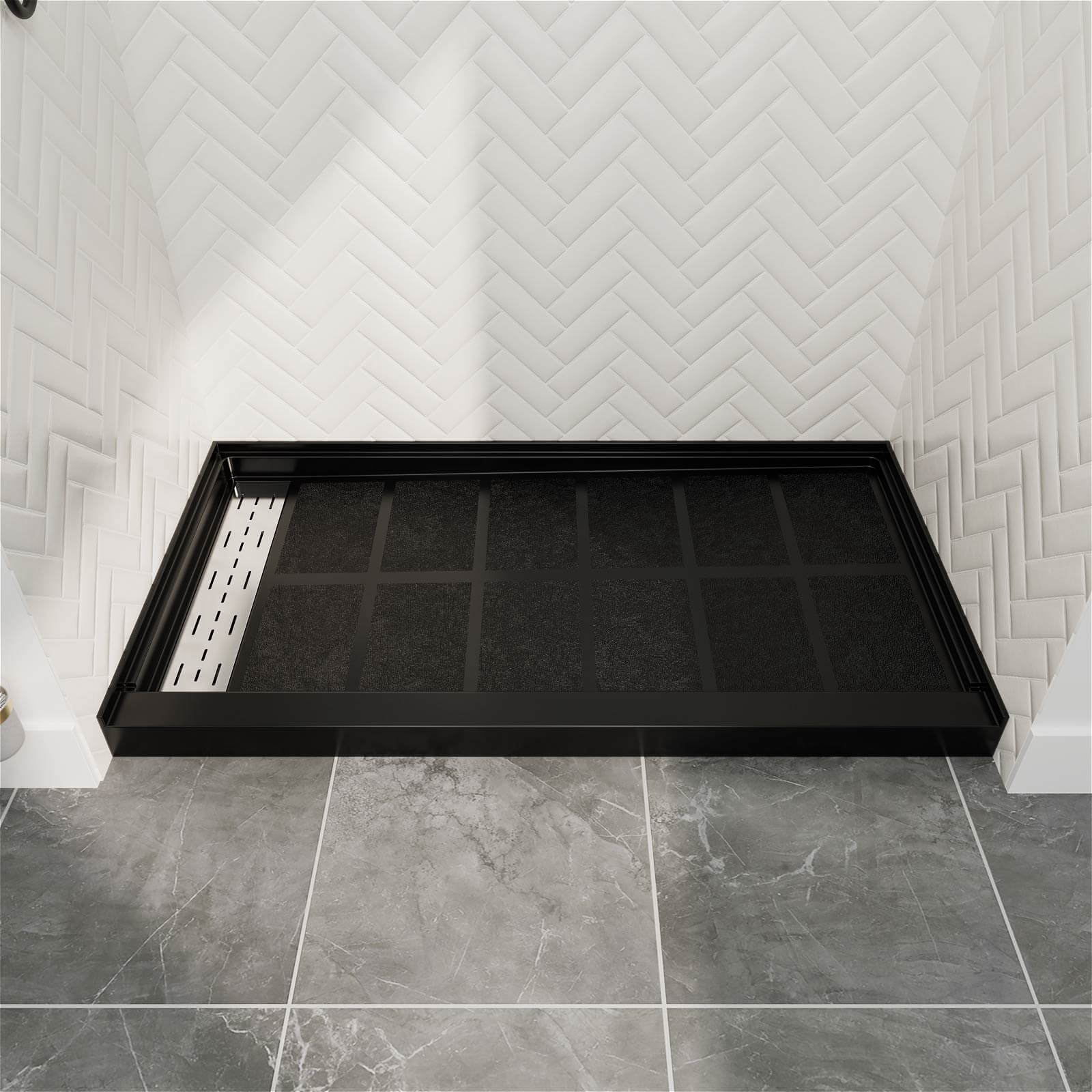 60" x 34" Black Shower Base with Left Drain Removable Stainless Cover, Non-Slip Texture, Solid Surface