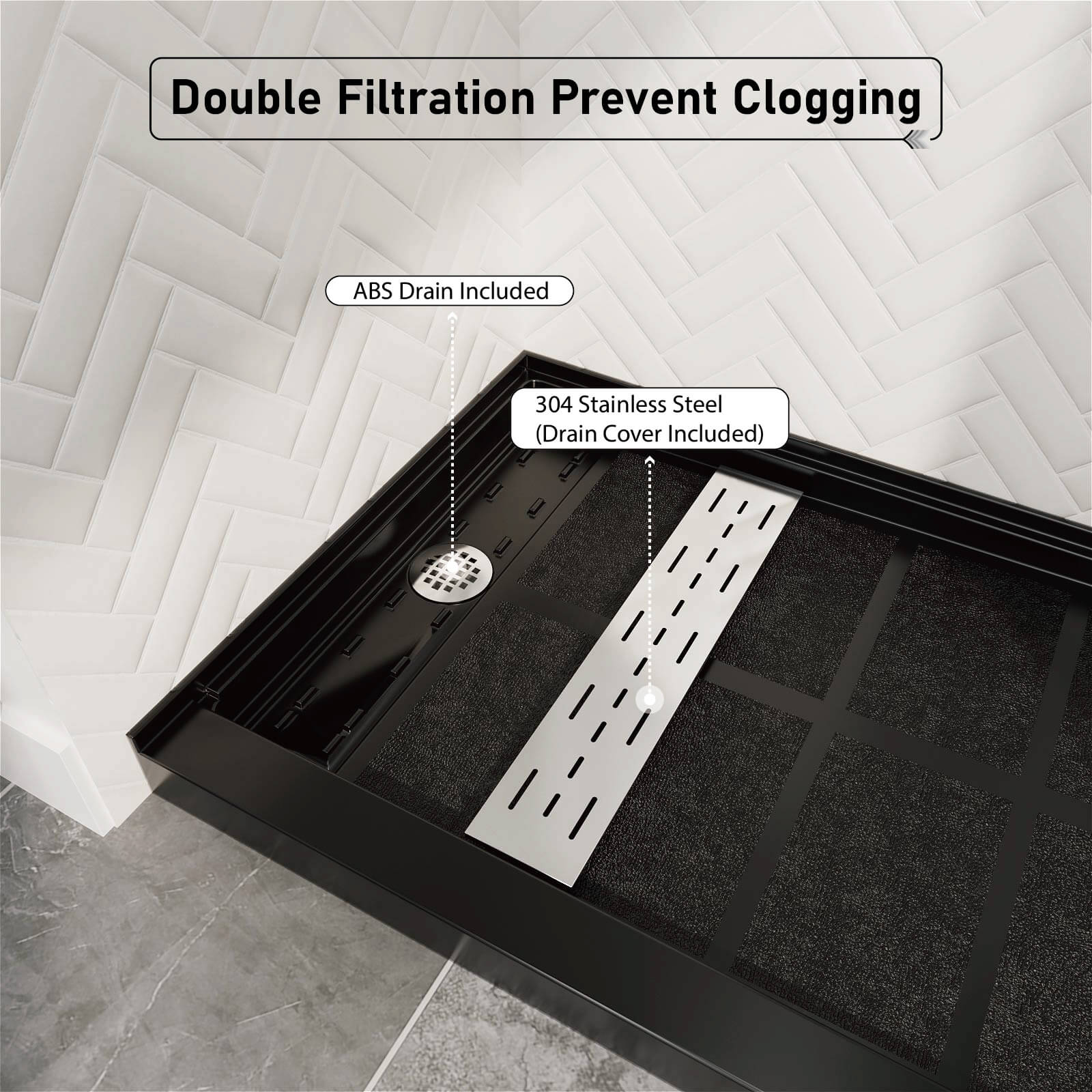 60" x 34" Black Shower Base with Left Drain Removable Stainless Cover, Non-Slip Texture, Solid Surface