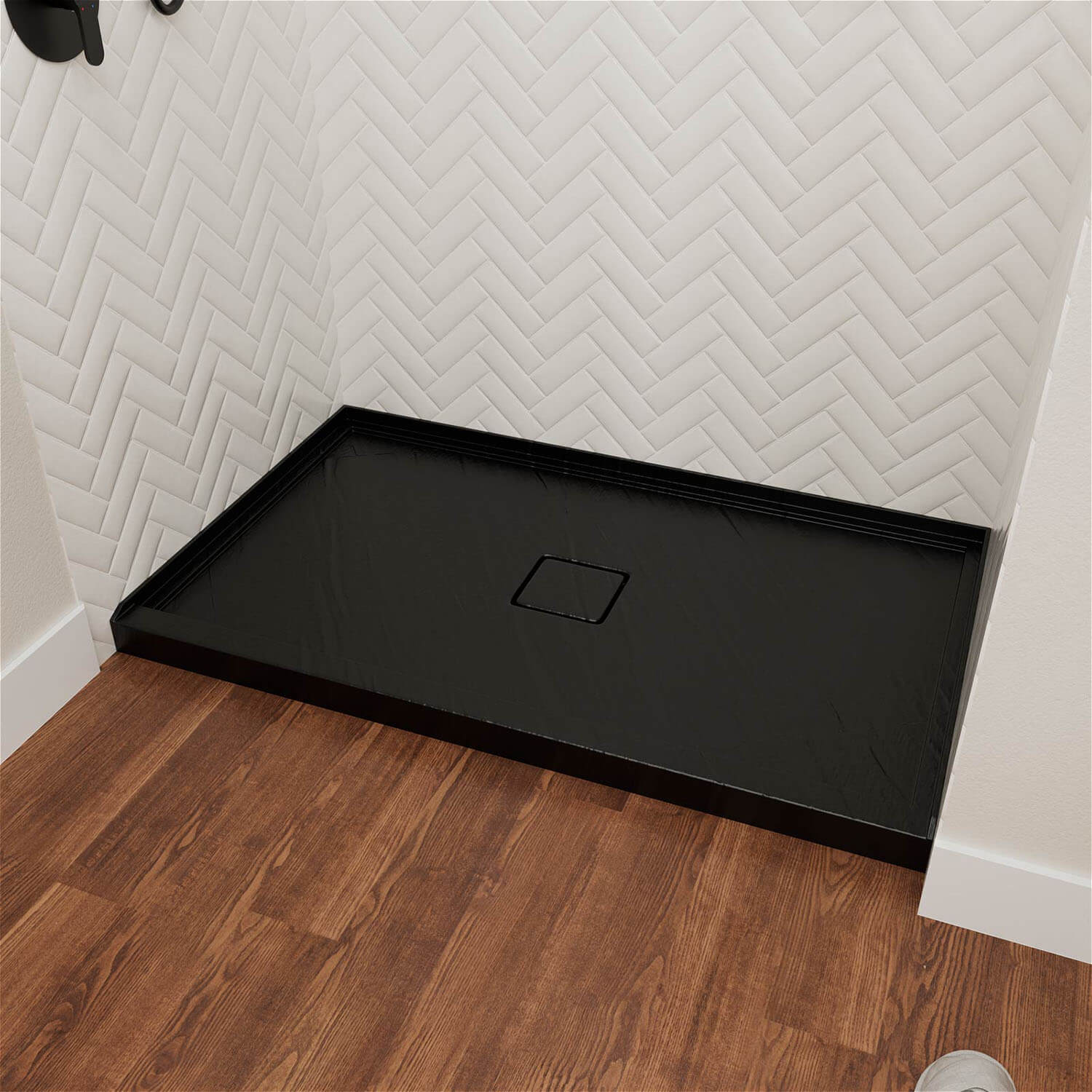 60x36 black shower pan with center drain and slip-resistant texture