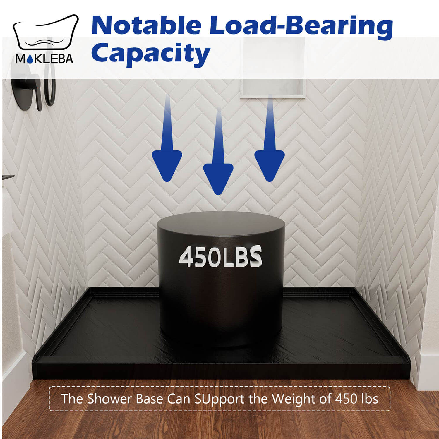 60x36 black shower pan with reinforced support system for residential bathrooms