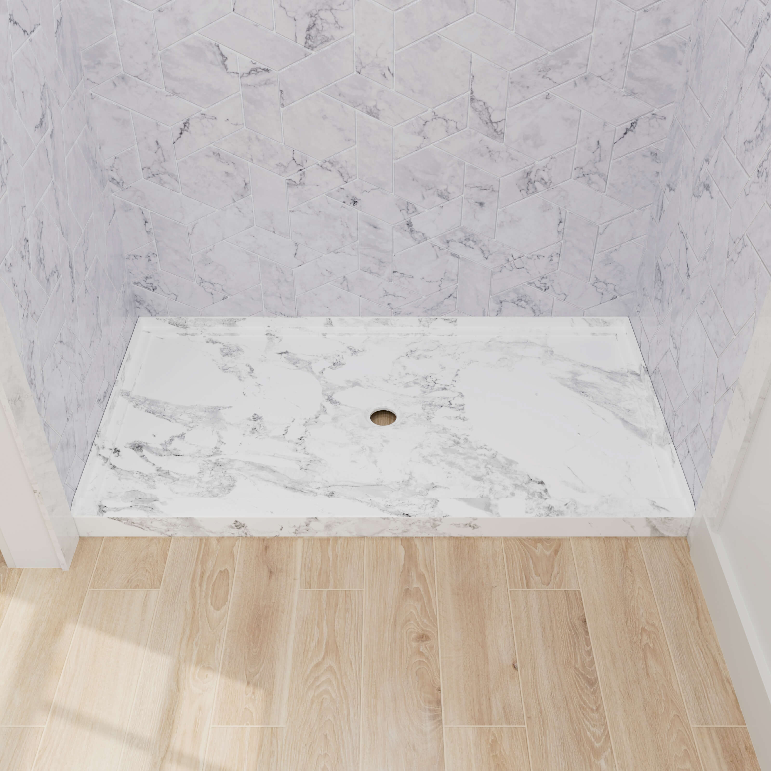60x36 inch marble pattern shower base with single threshold and center drain design