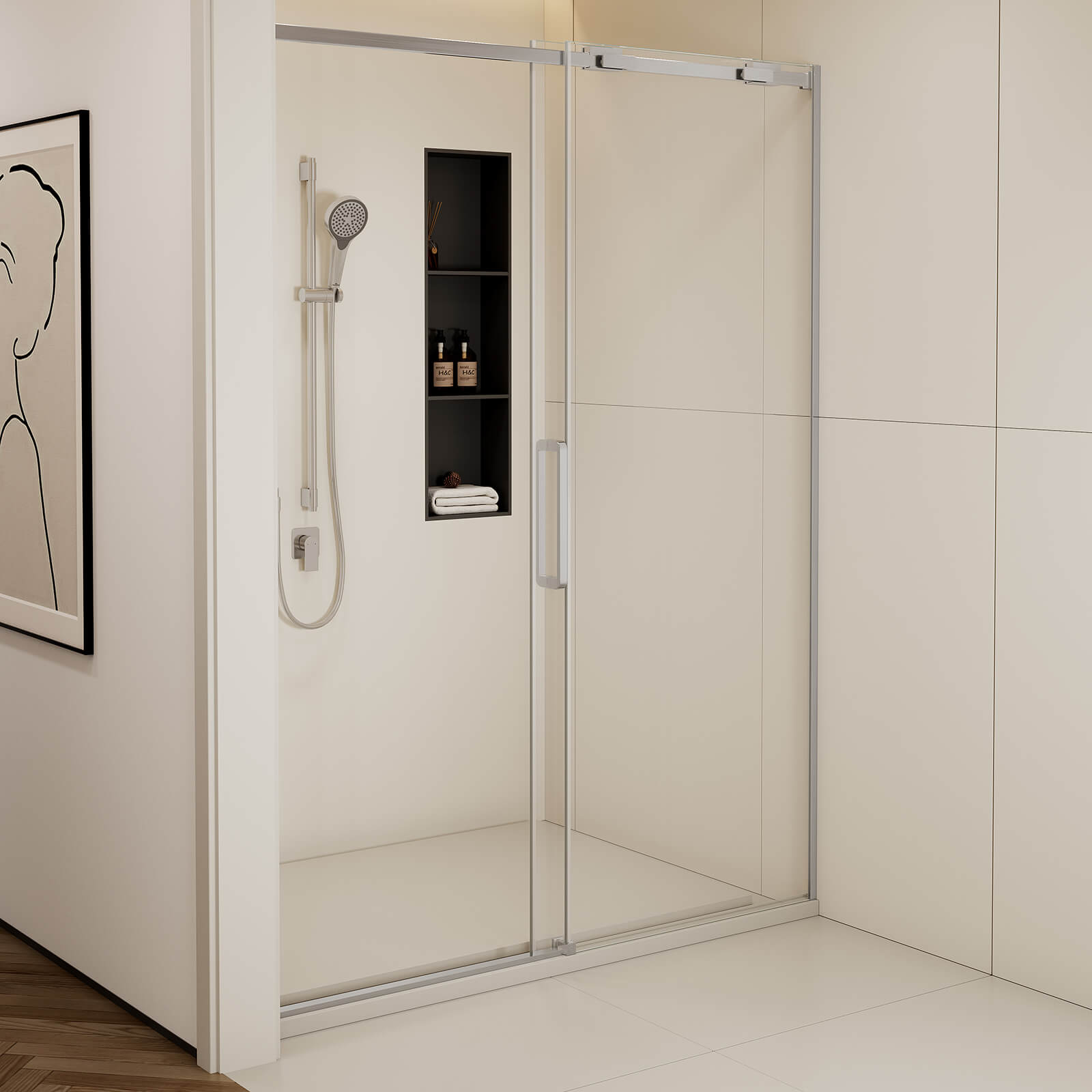60x74 brushed nickel single sliding shower door with clear tempered safety glass