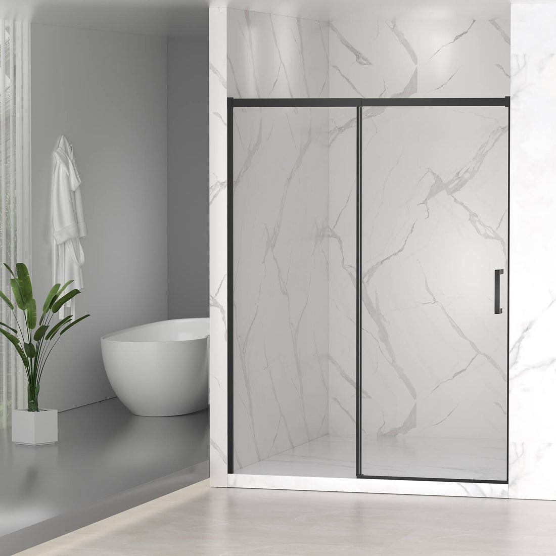 60x74 sliding shower door with black frame