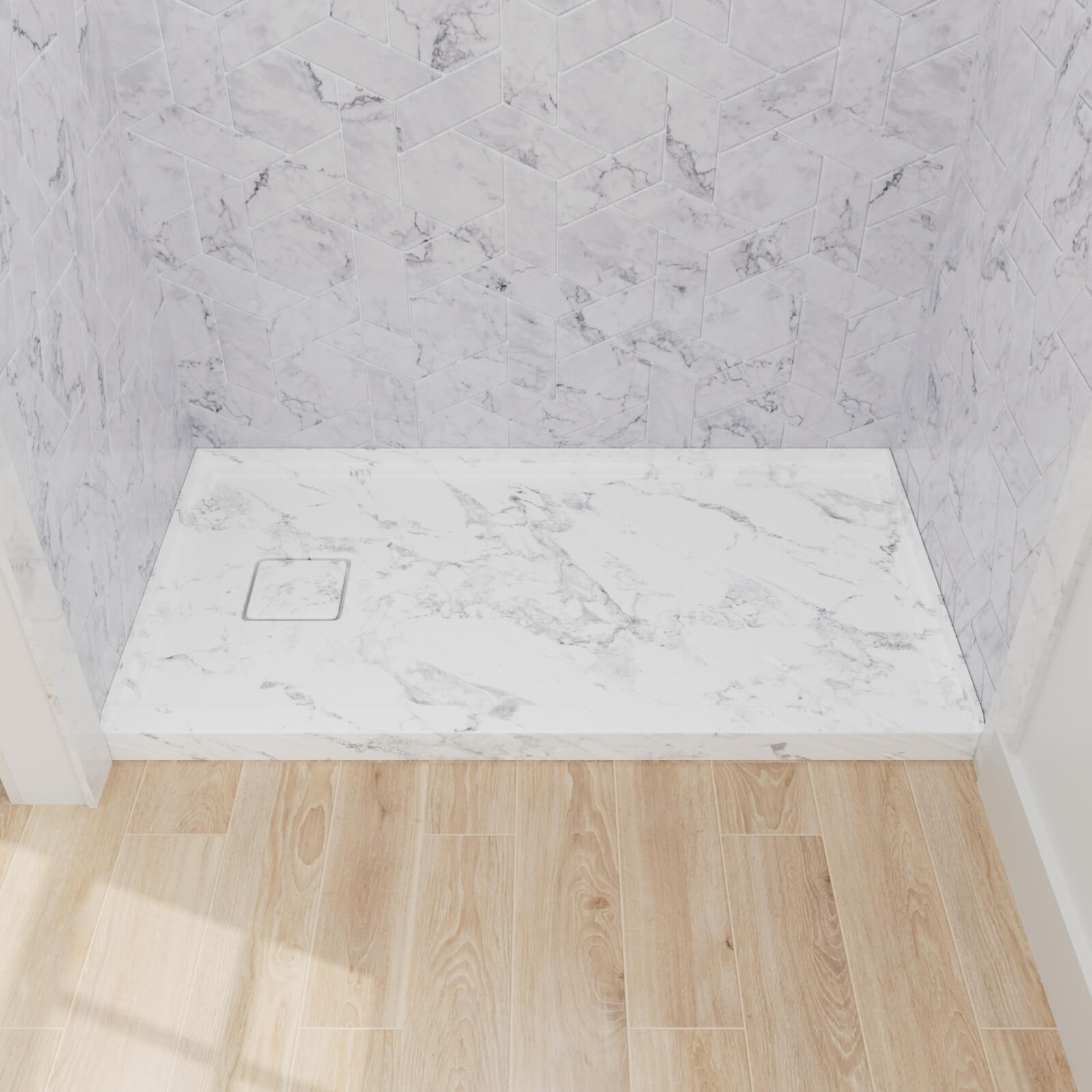 60x 32 inch Marble-Pattern Alcove Shower Pan with Left Drain