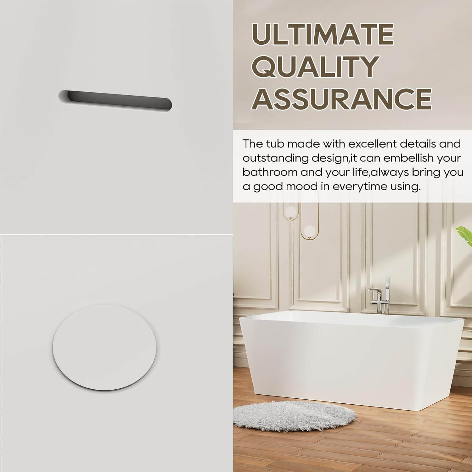 67 inch Heavy Duty Solid Surface Soaking Tub, Insulated Stand Alone Freestanding Stone Resin Bathtub with Integrated Overflow & Drain, cUPC Certified