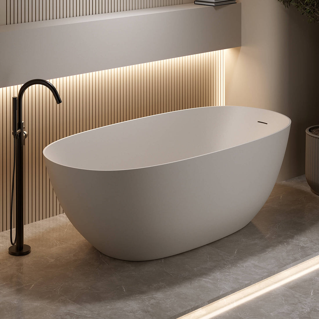 61 inch beige freestanding bathtub with seamless solid surface design