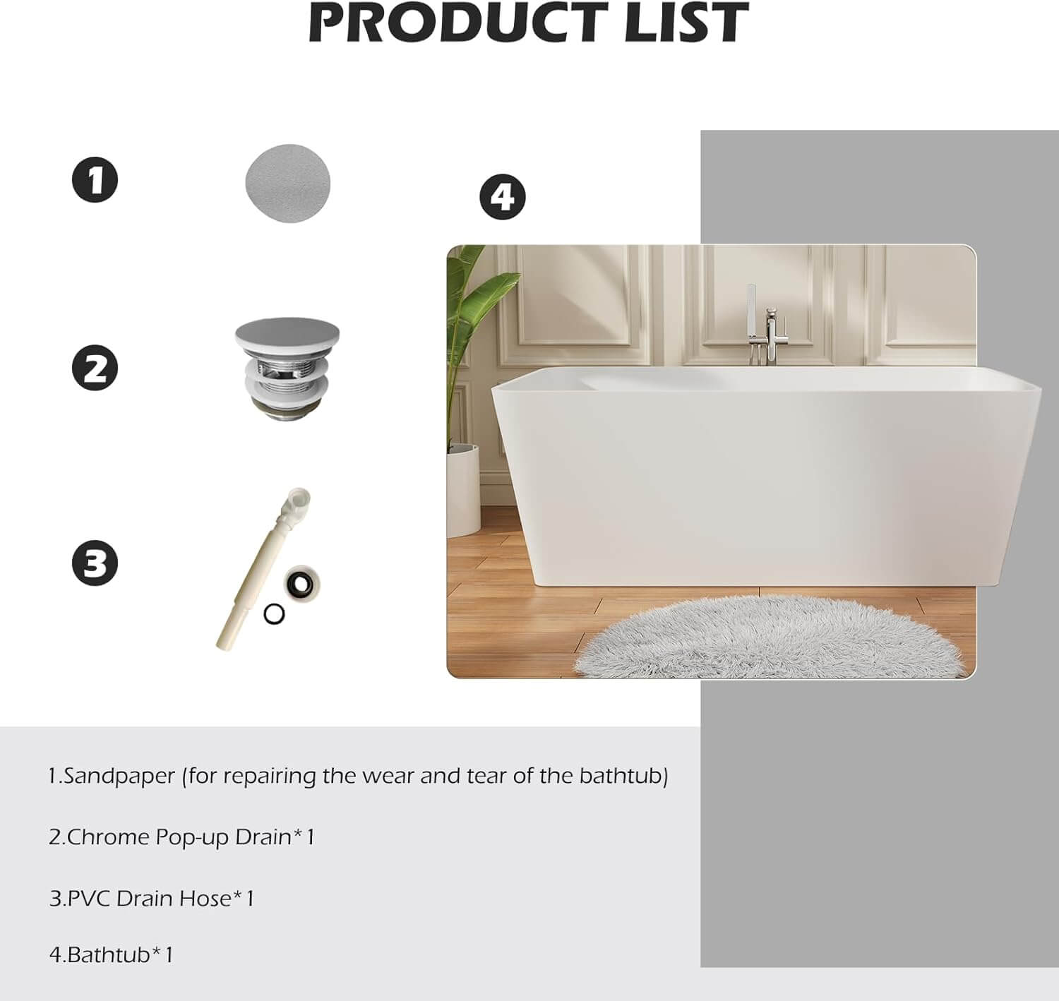 67 inch Heavy Duty Solid Surface Soaking Tub, Insulated Stand Alone Freestanding Stone Resin Bathtub with Integrated Overflow & Drain, cUPC Certified