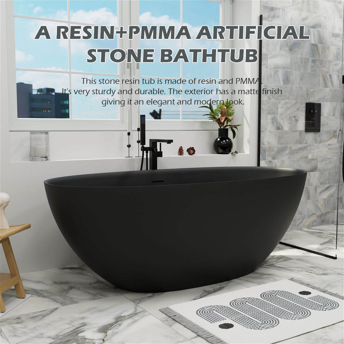Black stone resin freestanding bathtub material overview
