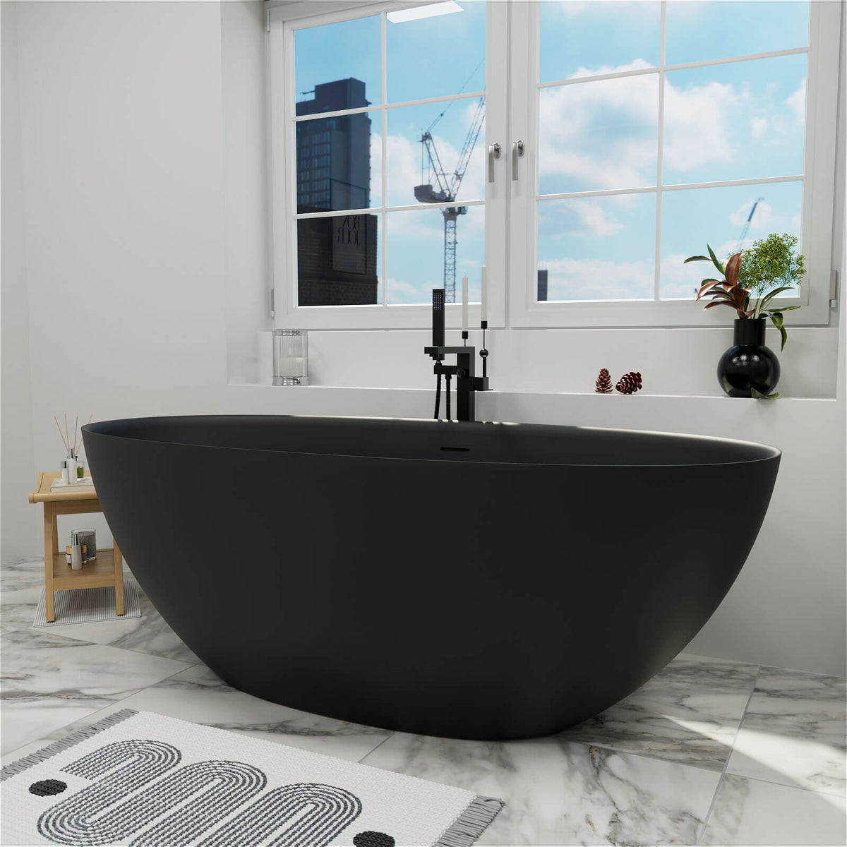 61-inch black stone resin freestanding bathtub, side view