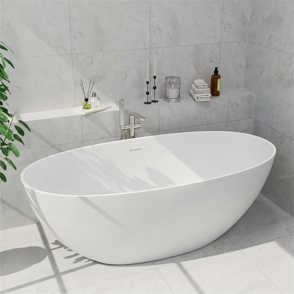61-inch white stone resin freestanding tub, angled view
