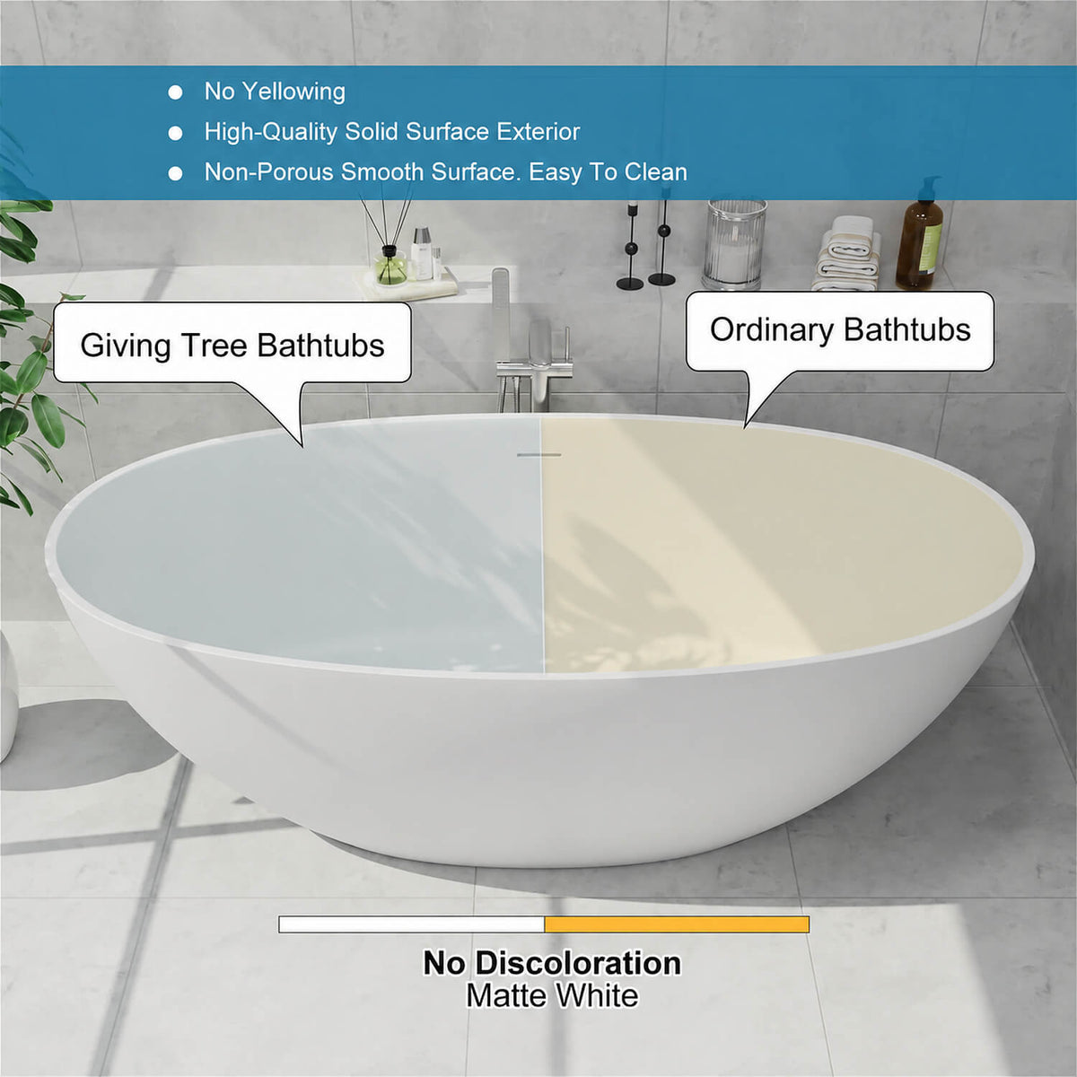 White stone resin bathtub with matte finish comparison