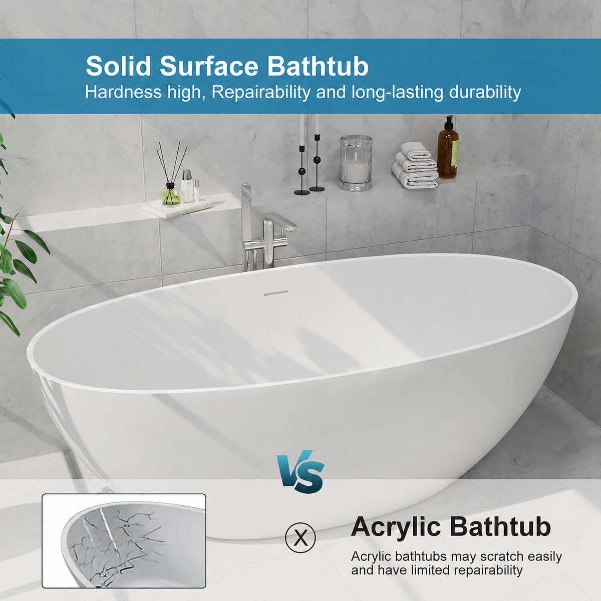 White solid surface bathtub compared with an acrylic tub