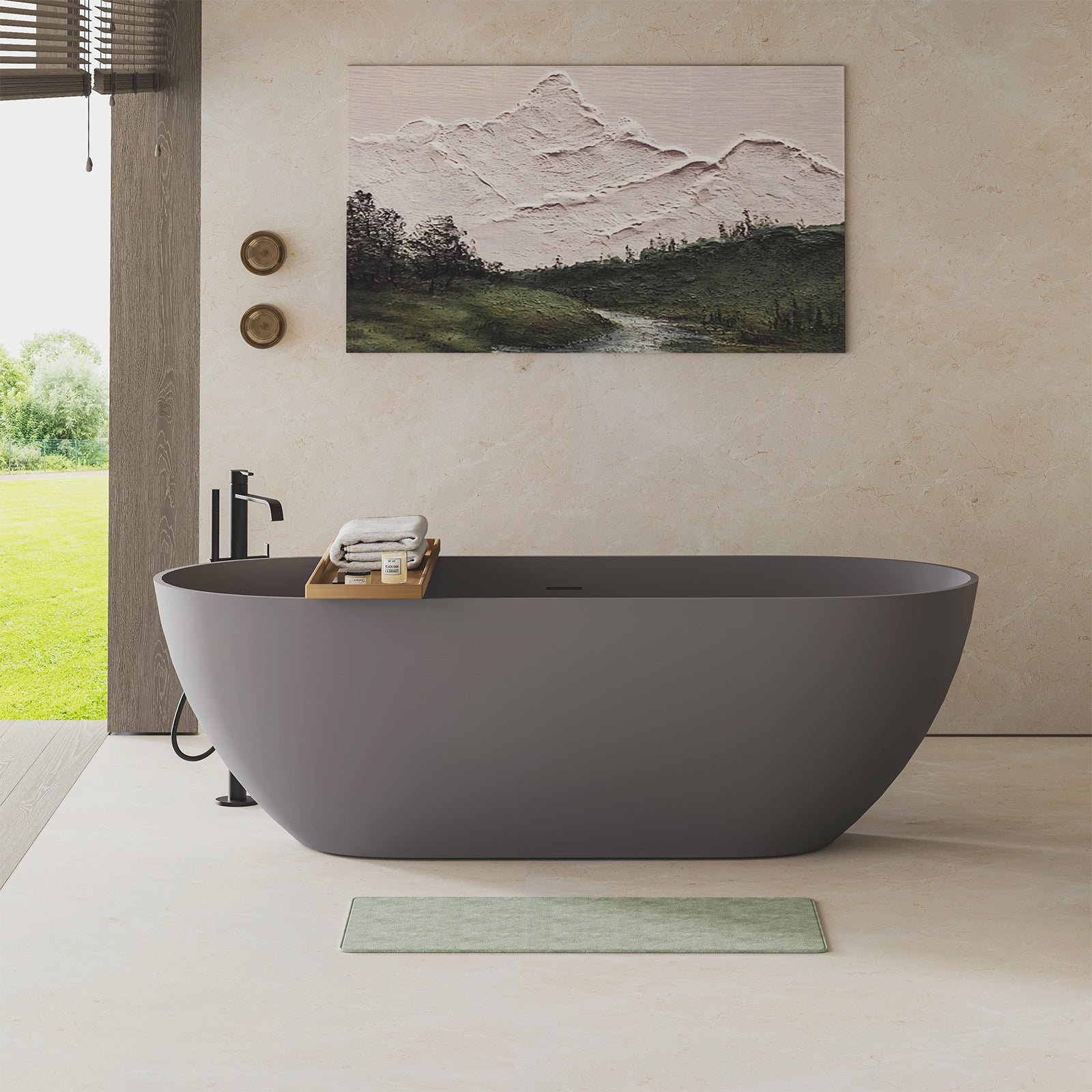 63 in Smooth Design Matte Gray Engineered Stone Bathtub