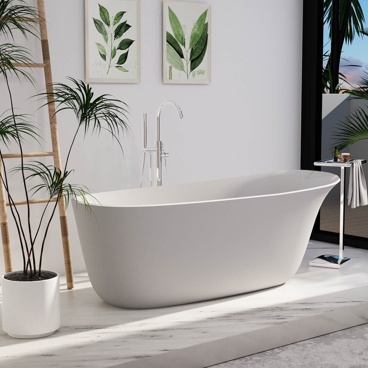 63 in Solid Surface Ergonomic Freestanding Slipper Bathtub