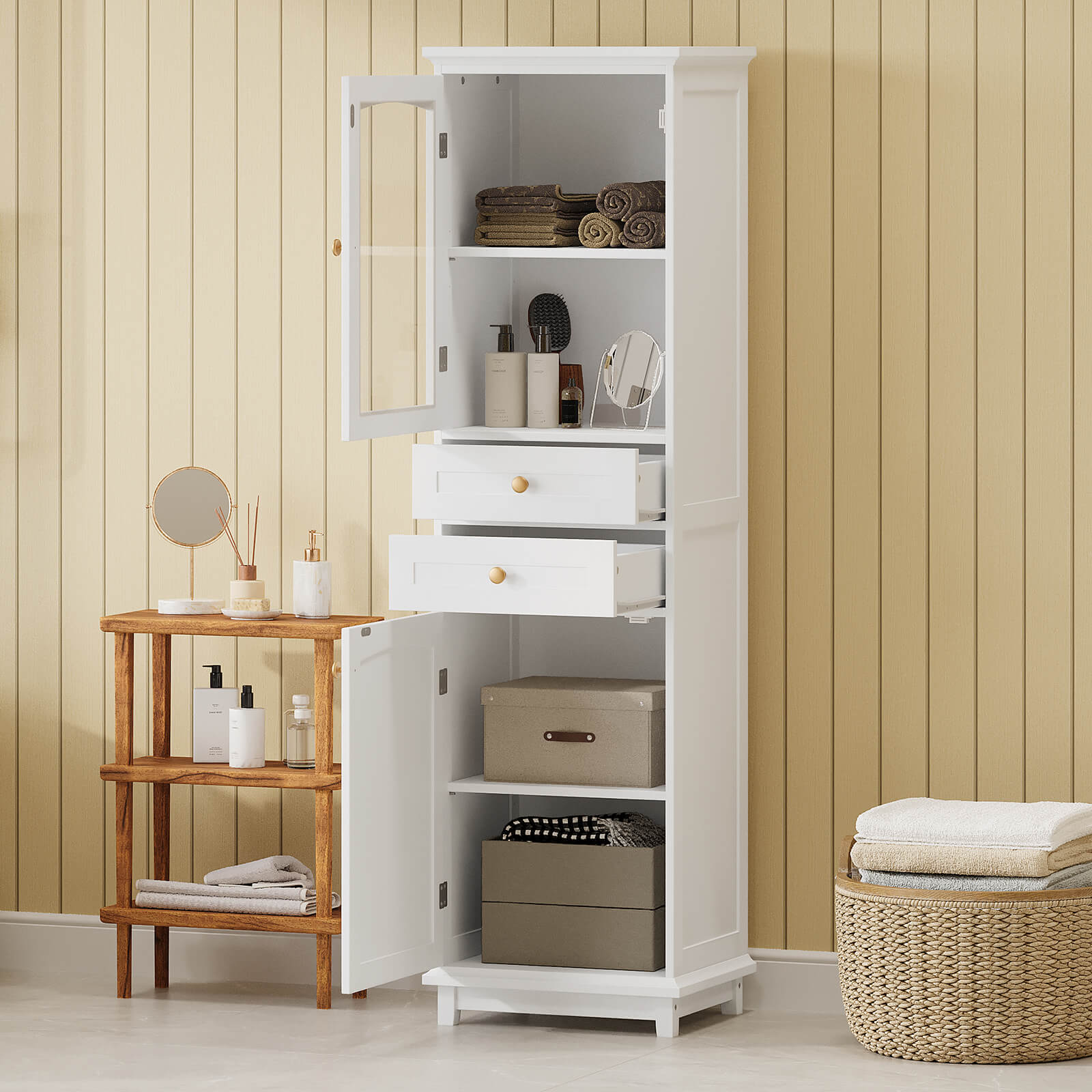 63-inch tall bathroom storage cabinet with anti-tip feature