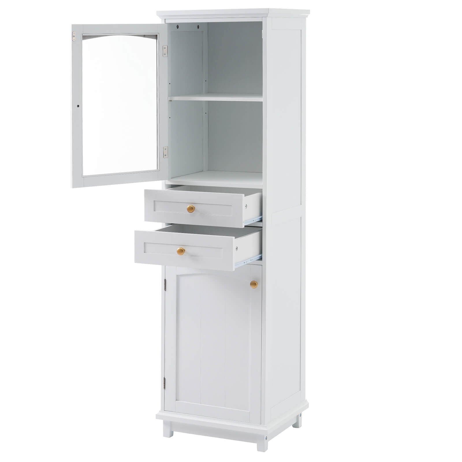 63-inch white storage cabinet with glass doors and spacious drawers