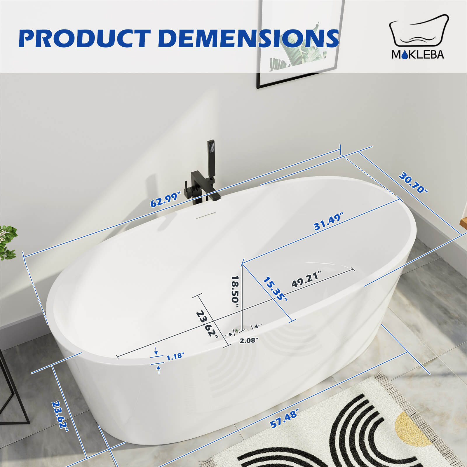 63 inch Acrylic Modern Bathtub Oval Shape Freestanding Soaking Tub size