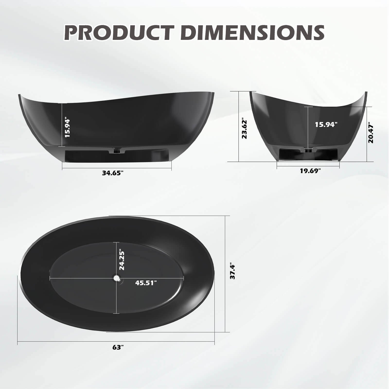 63 inch Translucent Resin Whirlpool Bathtub Overall Dimensions Specifications