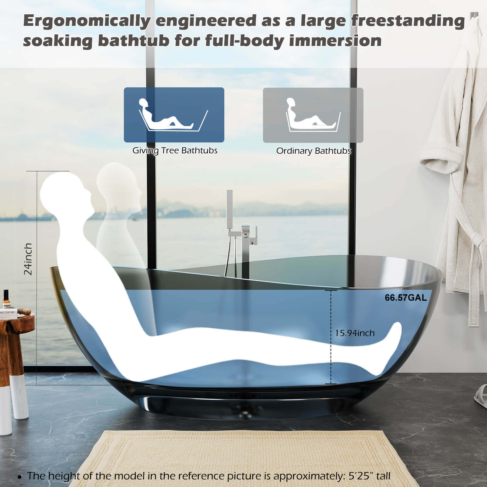 63 inch Translucent Resin Whirlpool Bathtub Shows Soaking Depth