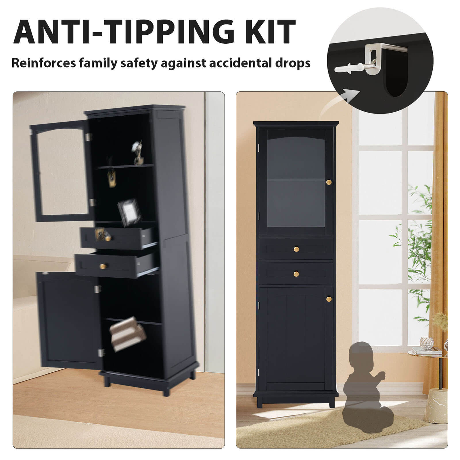 63 inch tall black freestanding linen cabinet drop down design