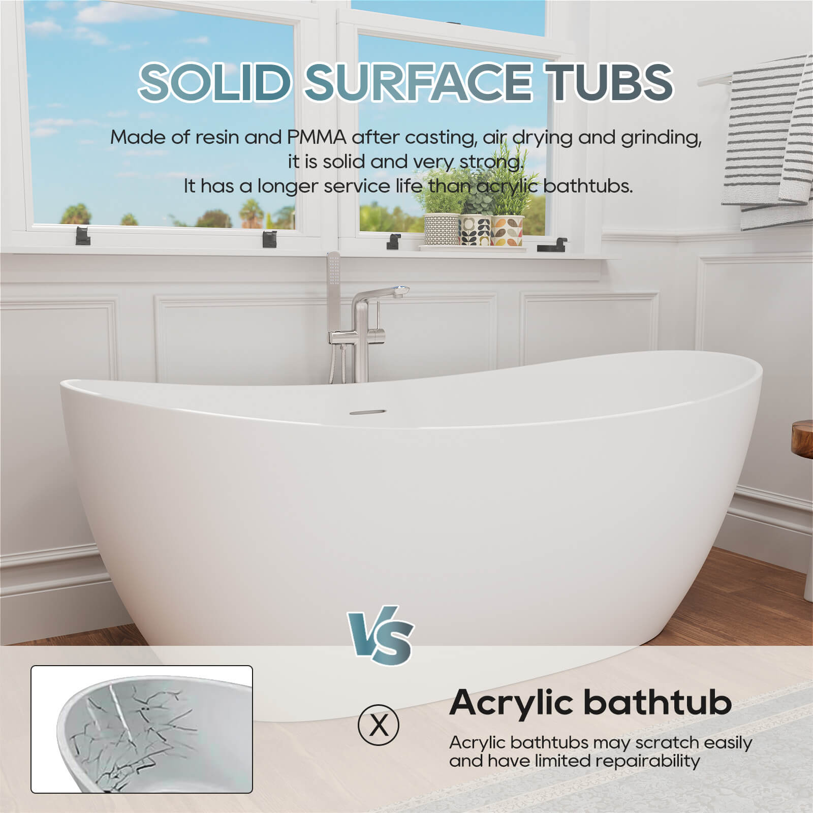 63" Stone Resin Double Slipper Tub Center Drain Freestanding Soaking Bathtub