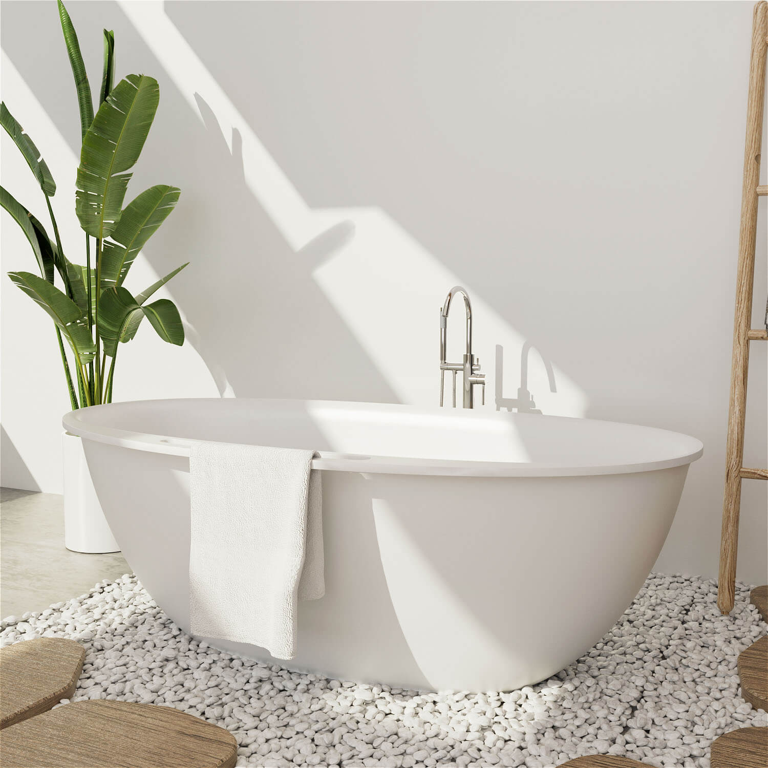 63 inch Solid Surface Bathtub with Towel Rack Shelf
