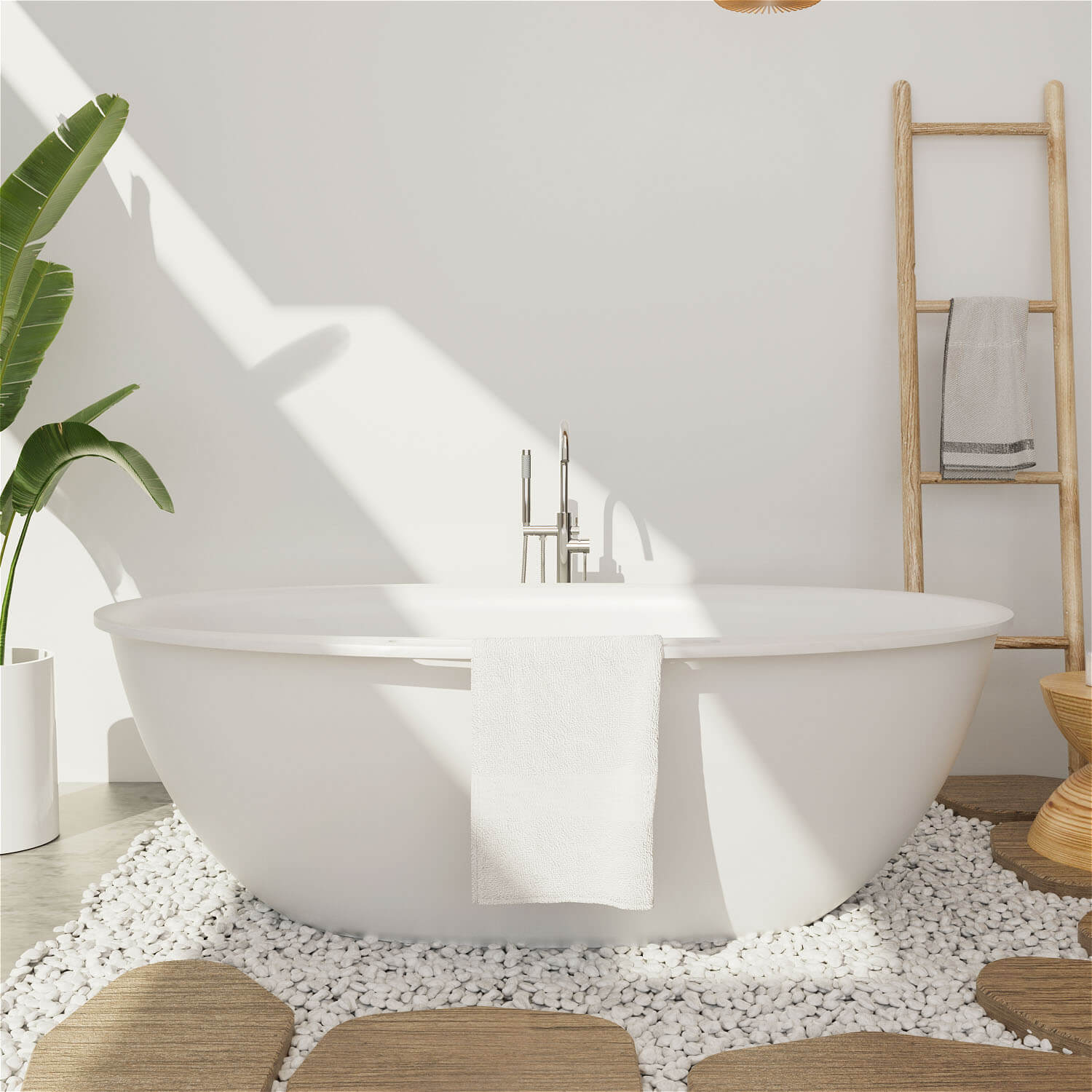 63" Solid Surface Stone Resin Tub Freestanding Soaking Bathtub with Towel Rack Shelf