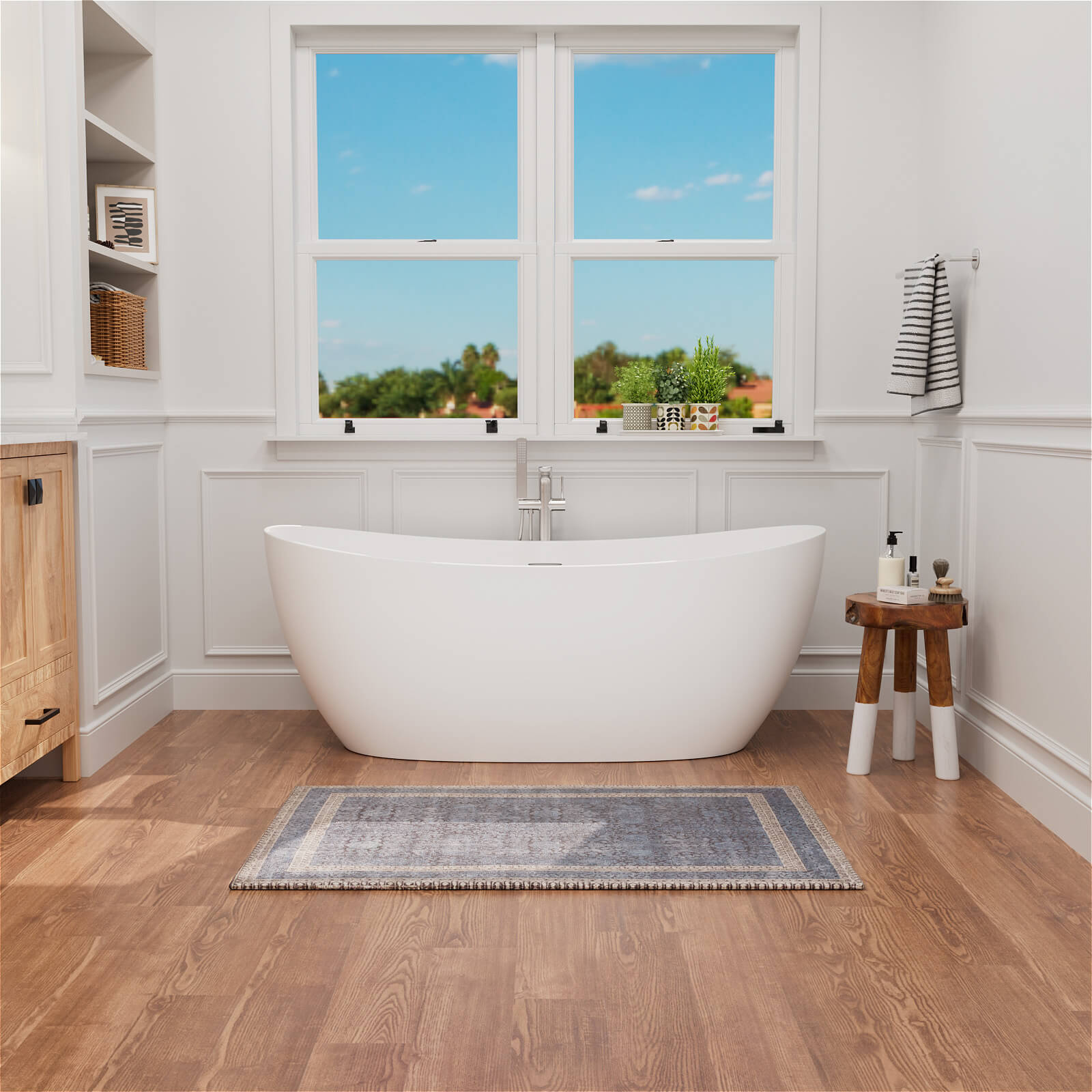 63" Stone Resin Double Slipper Tub Center Drain Freestanding Soaking Bathtub