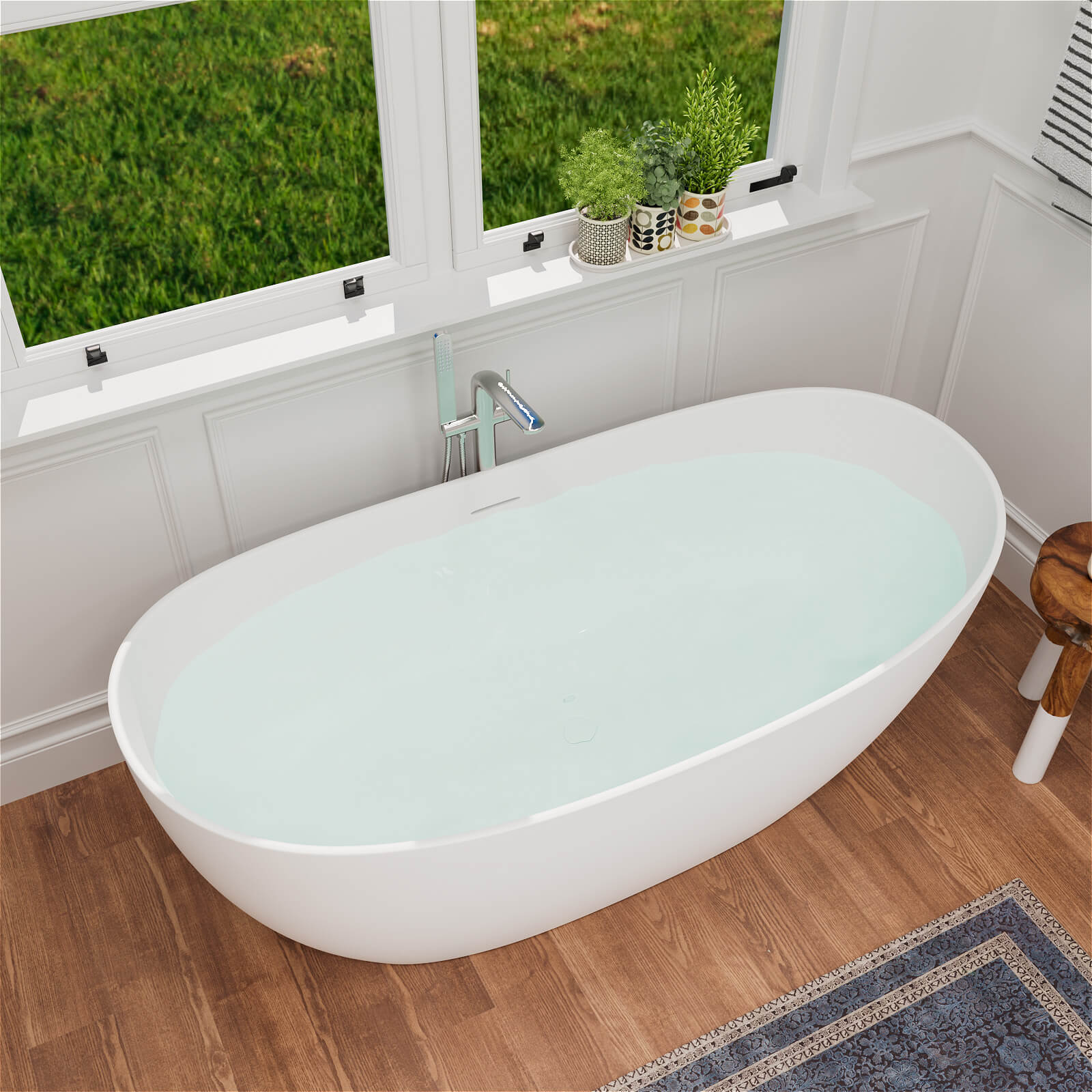 63" Stone Resin Double Slipper Tub Center Drain Freestanding Soaking Bathtub