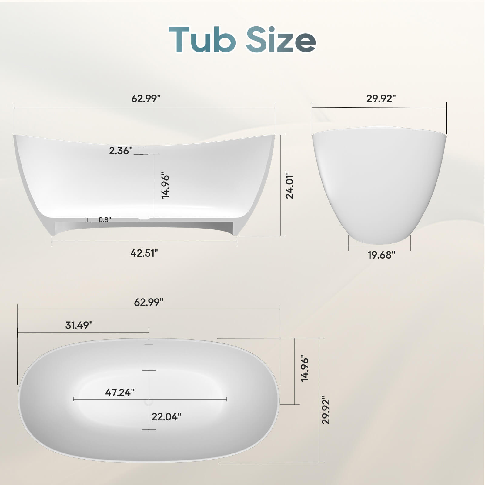 63" Stone Resin Double Slipper Tub Center Drain Freestanding Soaking Bathtub