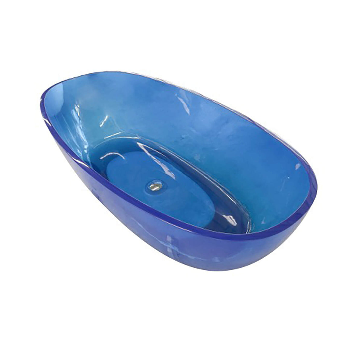 Overhead angled view of a transparent blue oval resin bathtub with a center drain on a white background.