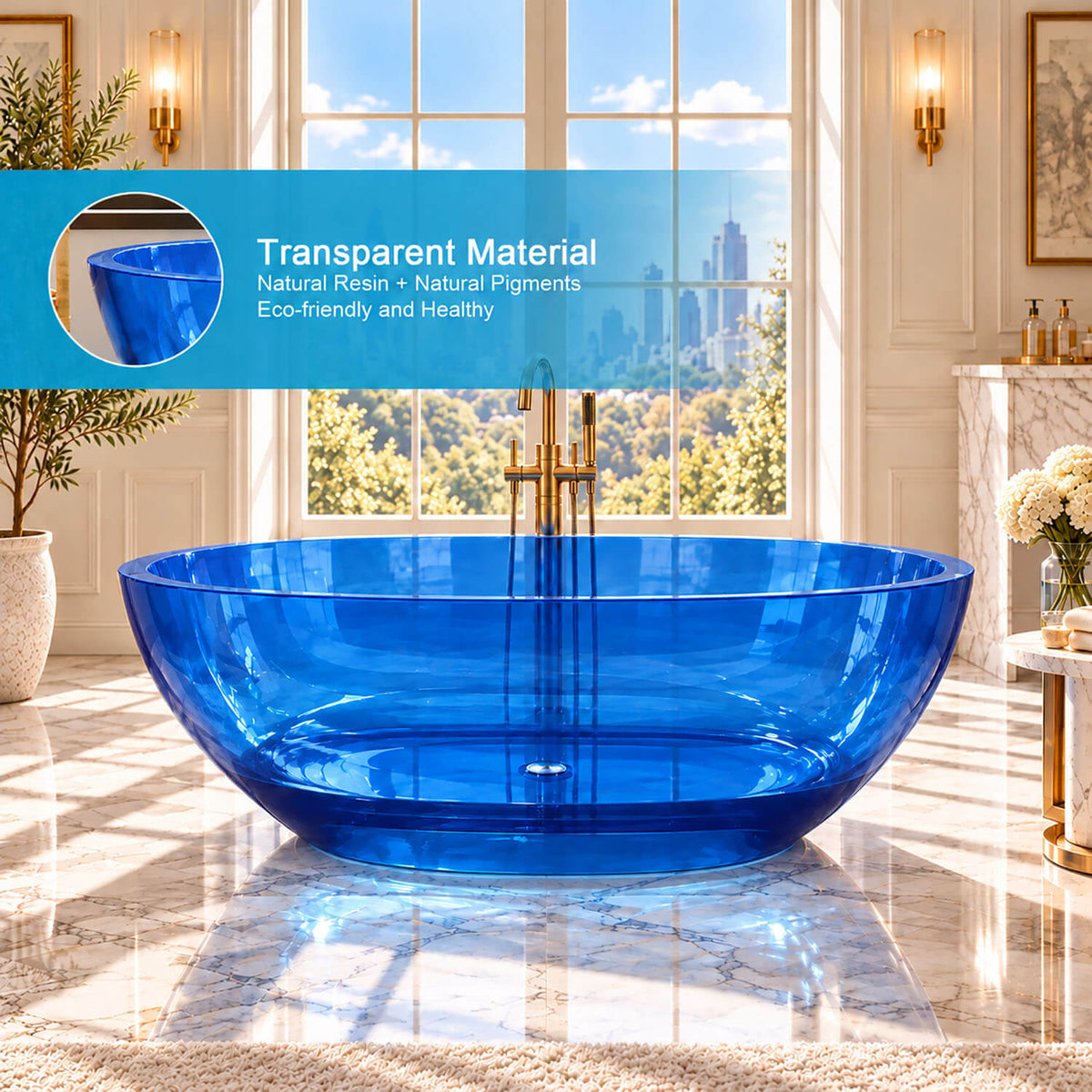 Material detail graphic showing the transparent blue resin bathtub and a close-up of its rounded rim.