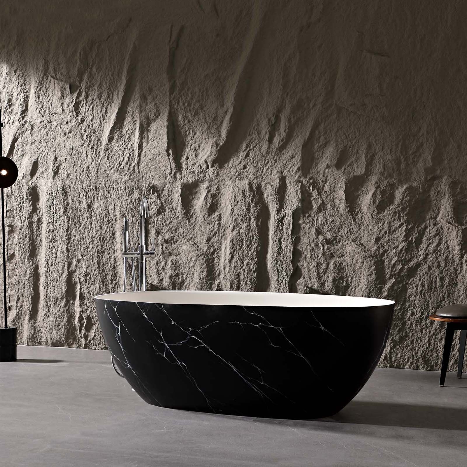65 in Black Solid Surface Freestanding Bathtub with Marble Vein Design