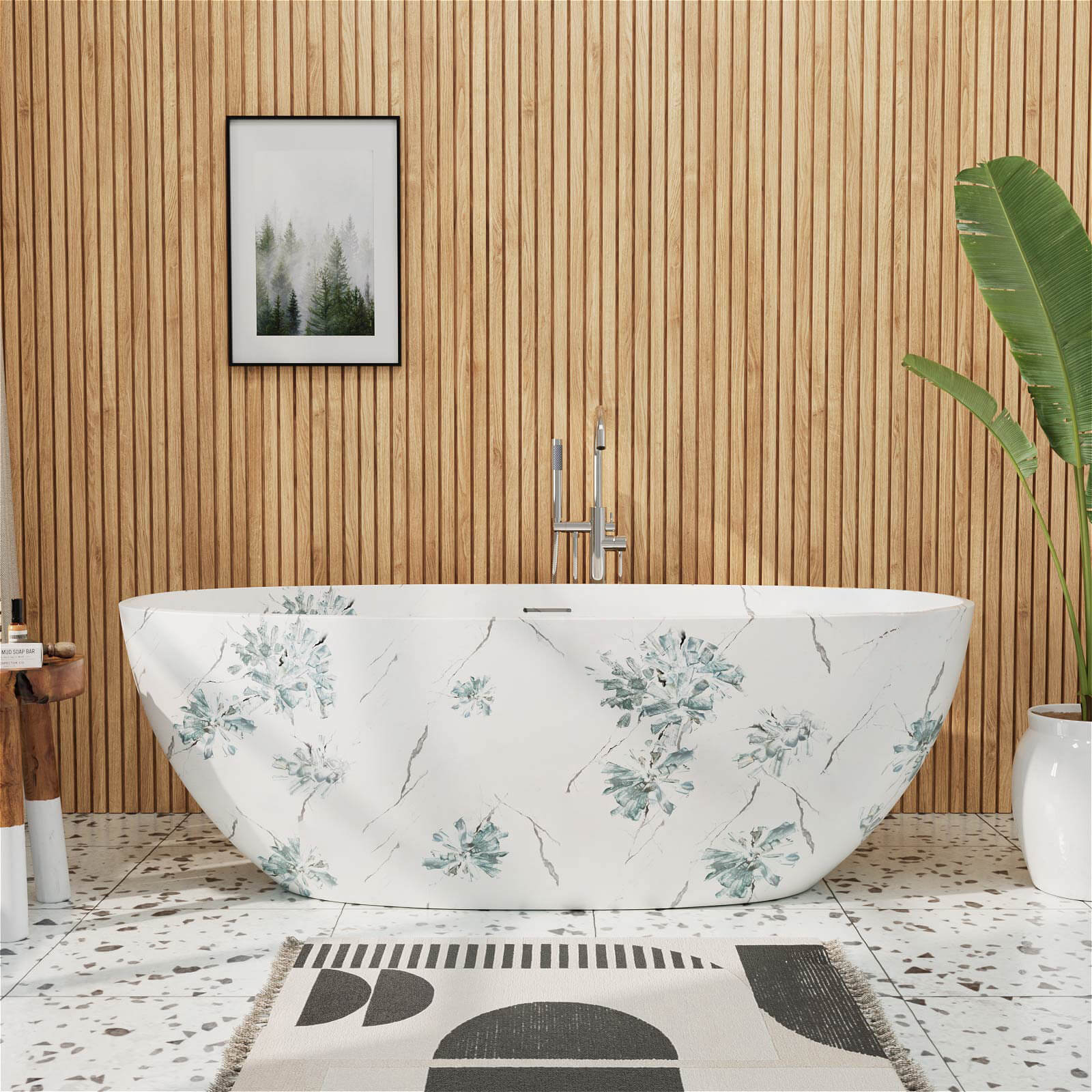 65 inch Floral Patterned Freestanding Tub with Stone Inspired Art Finish