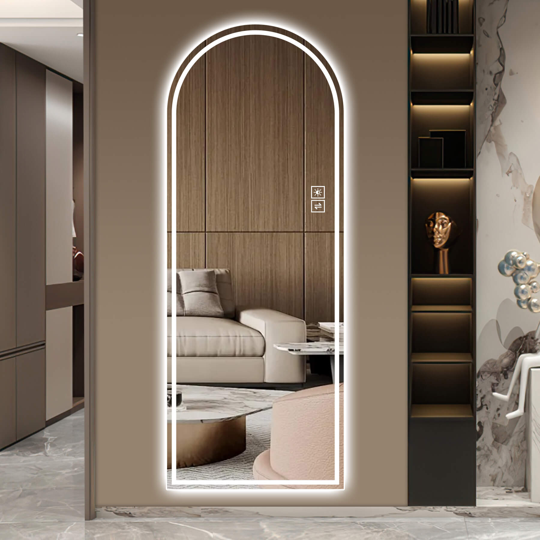 65"x21" Arch LED Bathroom Mirror with Anti-Fog, Dimmable Tri-Color Lights