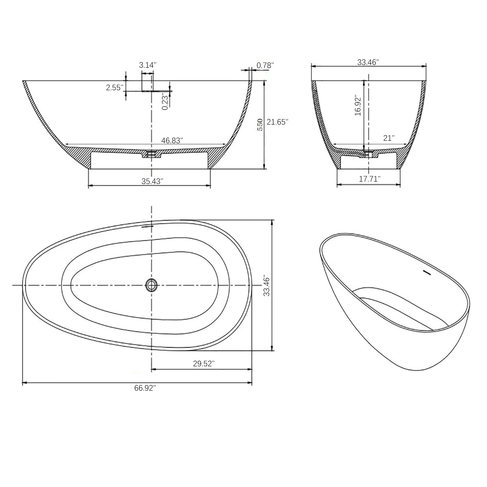66 in Matte White Egg Shape Solid Surface Bathtub Dimensions