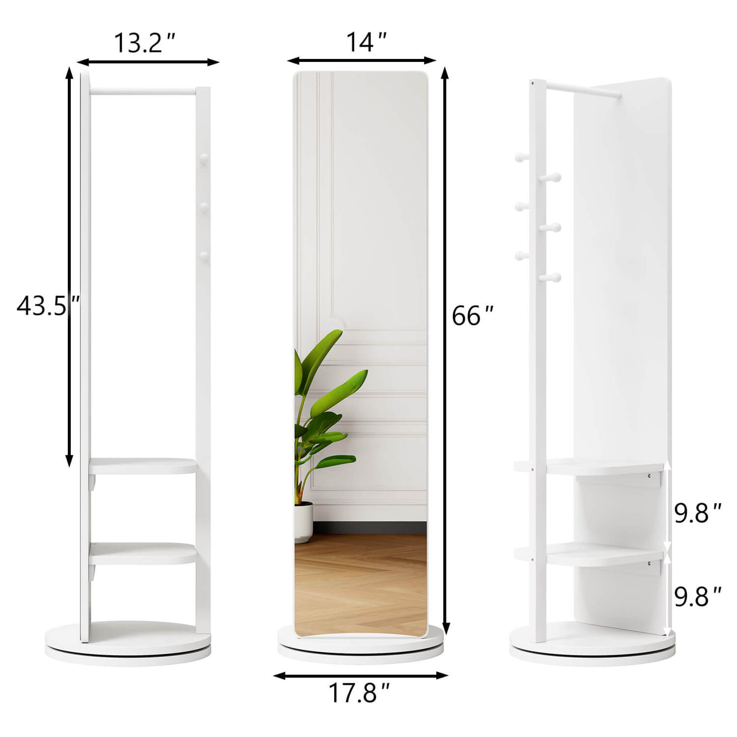 66" tall rotating mirror with 13.2" x 17.8" storage rack dimensions