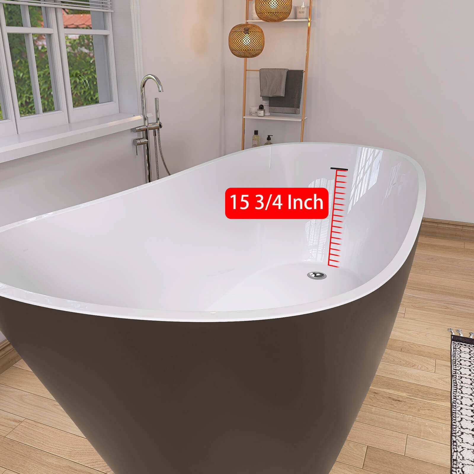 67" Acrylic double sided single slipper bathtub overflow location display