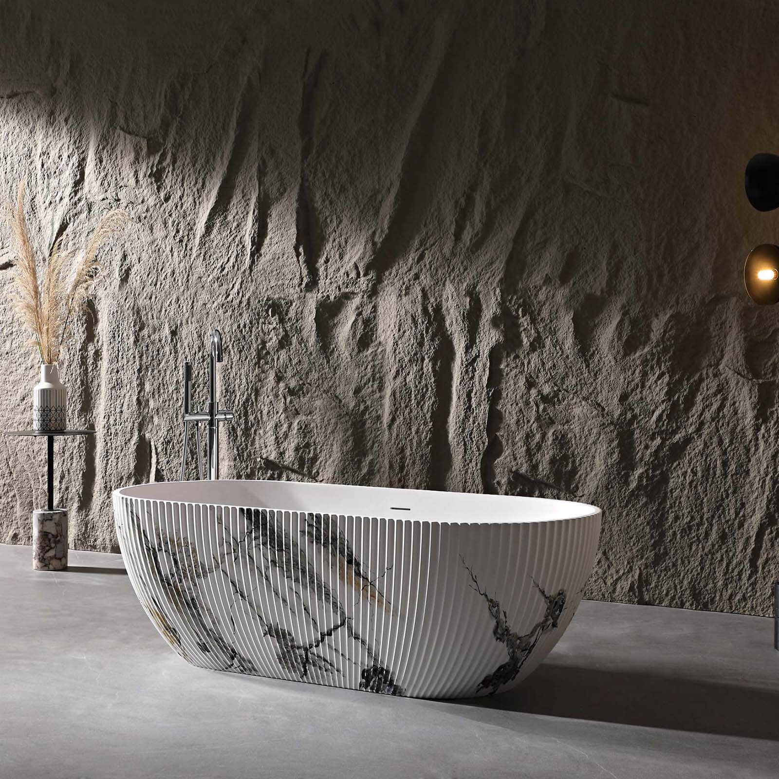 67 in Fluted Solid Surface Tub with Ink Marble Finish
