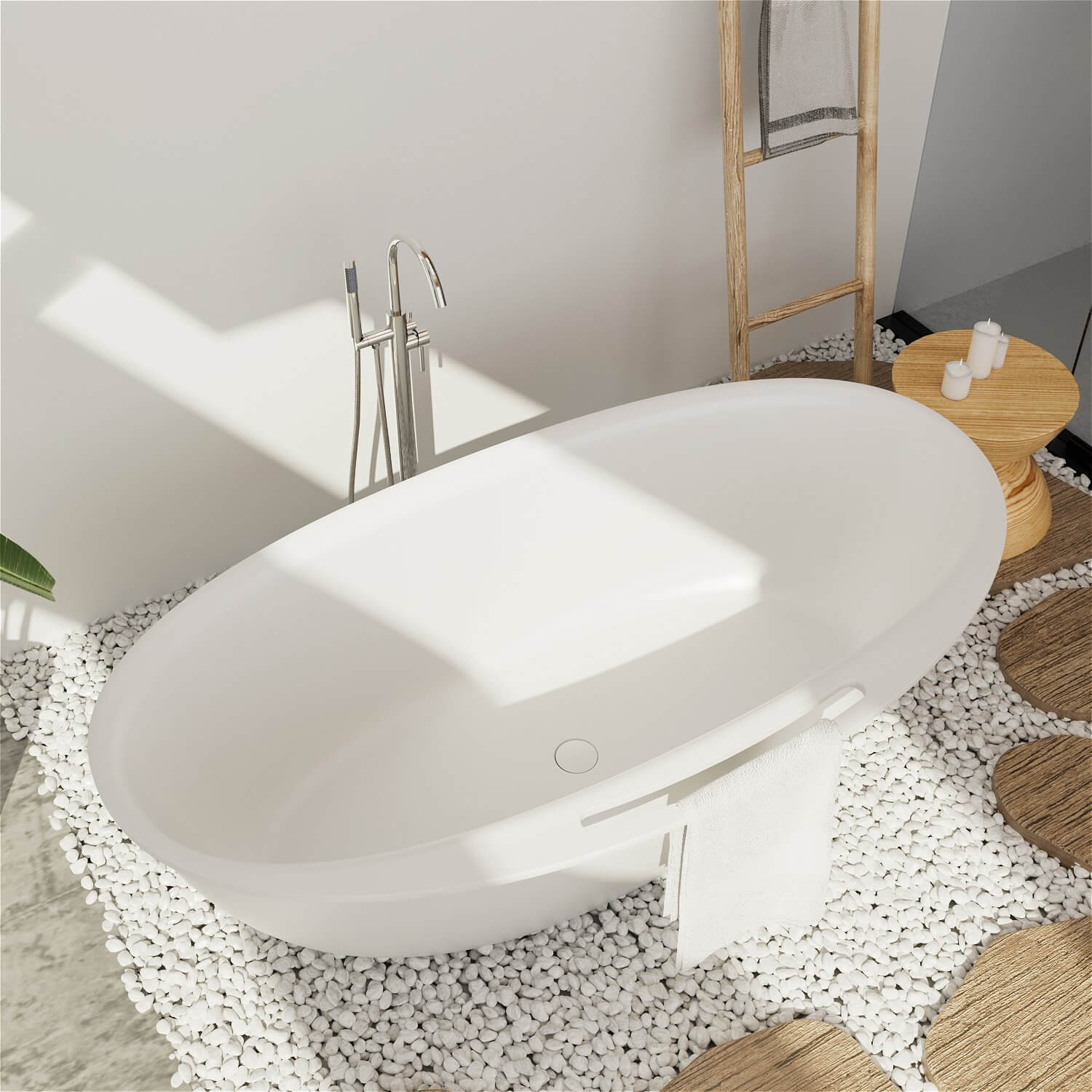 67 in solid surface soaking tub with built in towel rack for a luxurious bathroom experience