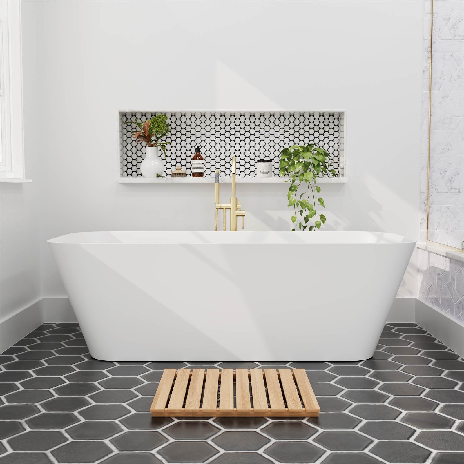 67 inch Matte White Solid Surface Rectangular Freestanding Tub