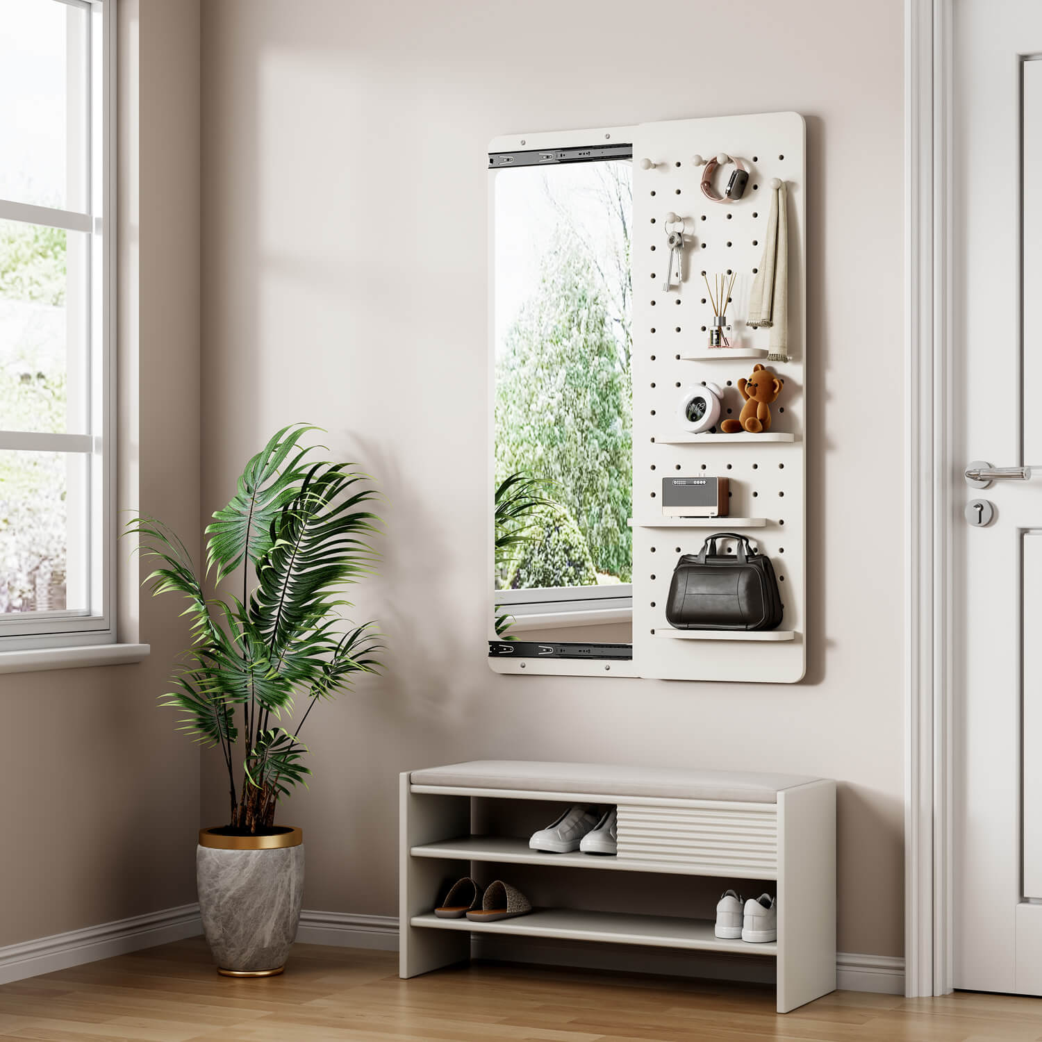 47"x15" White Wall Mounted Full Length Mirror with Sliding Shelves & Hooks