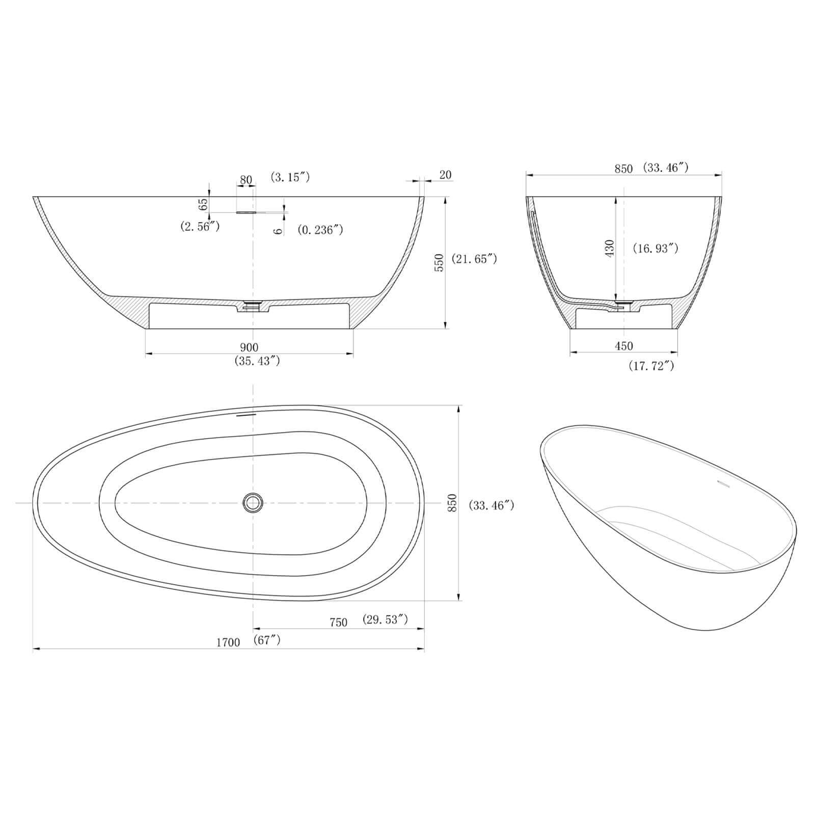 67" Concrete Industrial-Style Bathtub with Artistic Patterns Dimensions