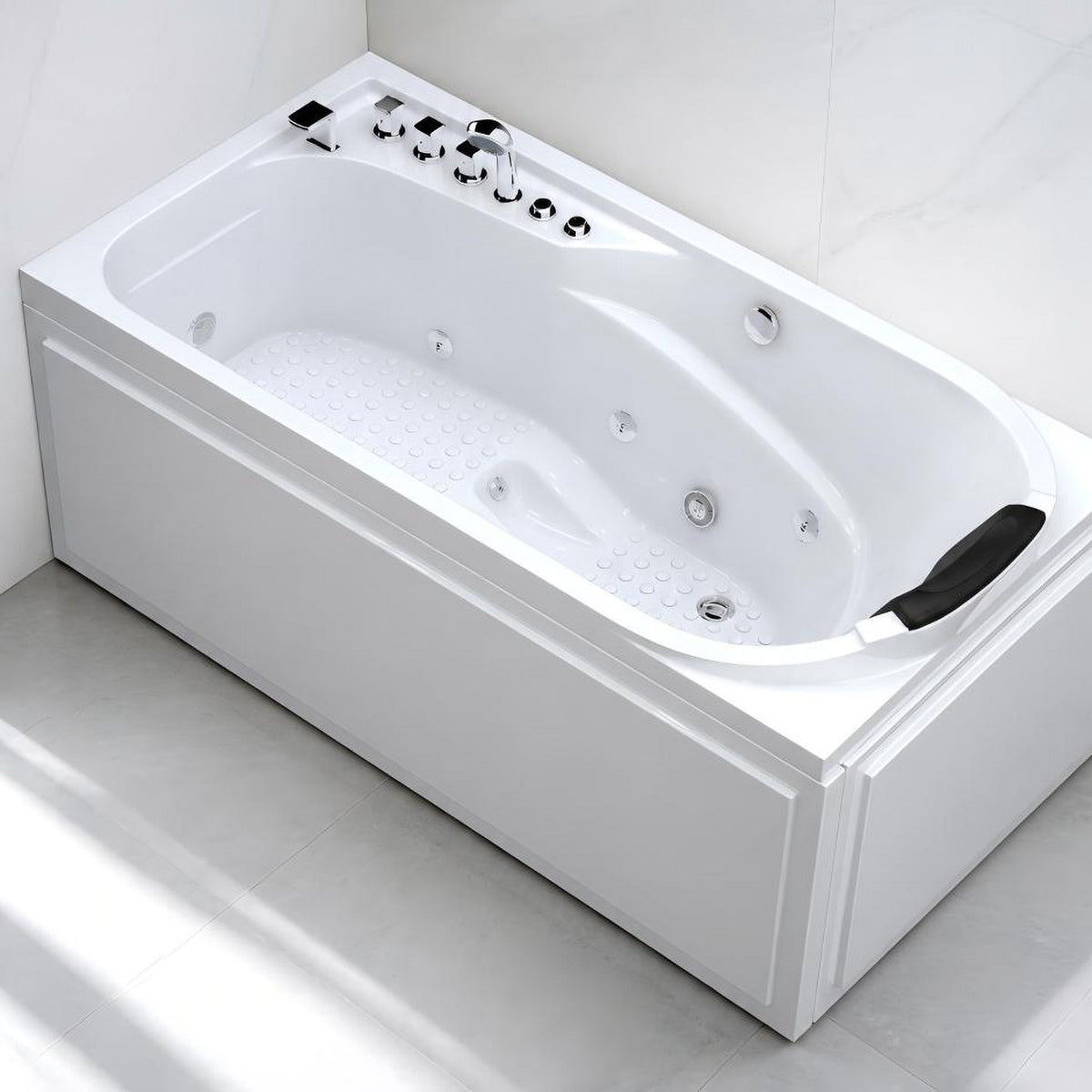 67 inch acrylic jetted bathtub isolated top view on white background showing 8 massage jets anti slip floor pattern and black headrest