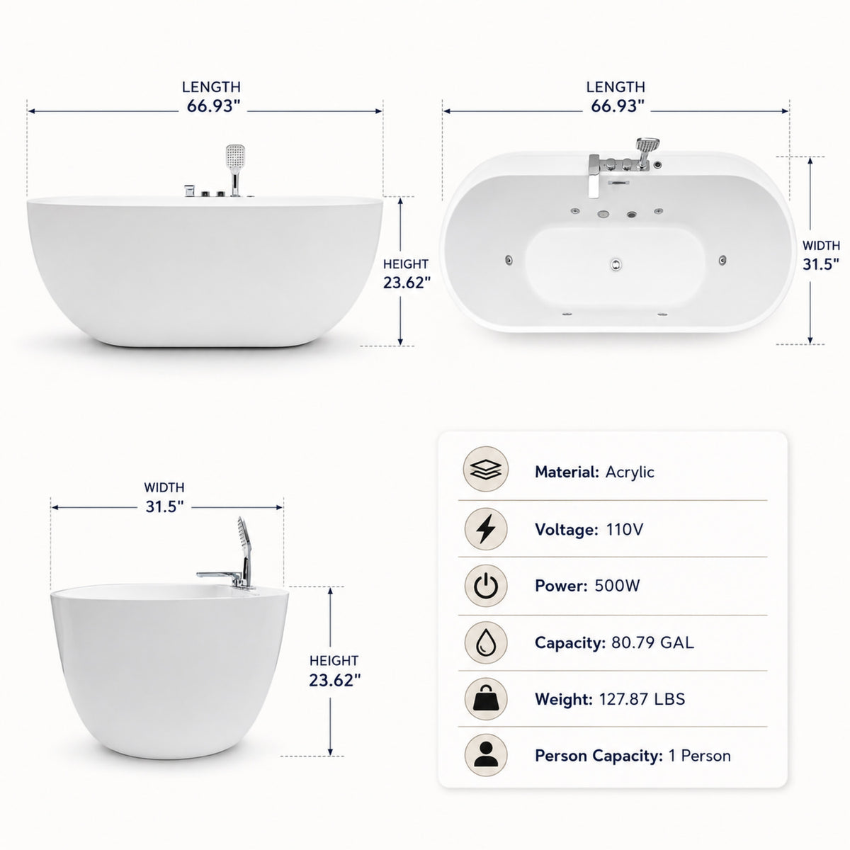 67 inch white acrylic jetted massage tub overall size 66.93 inch length 31.5 inch width 23.62 inch height with 80.79 gallon capacity