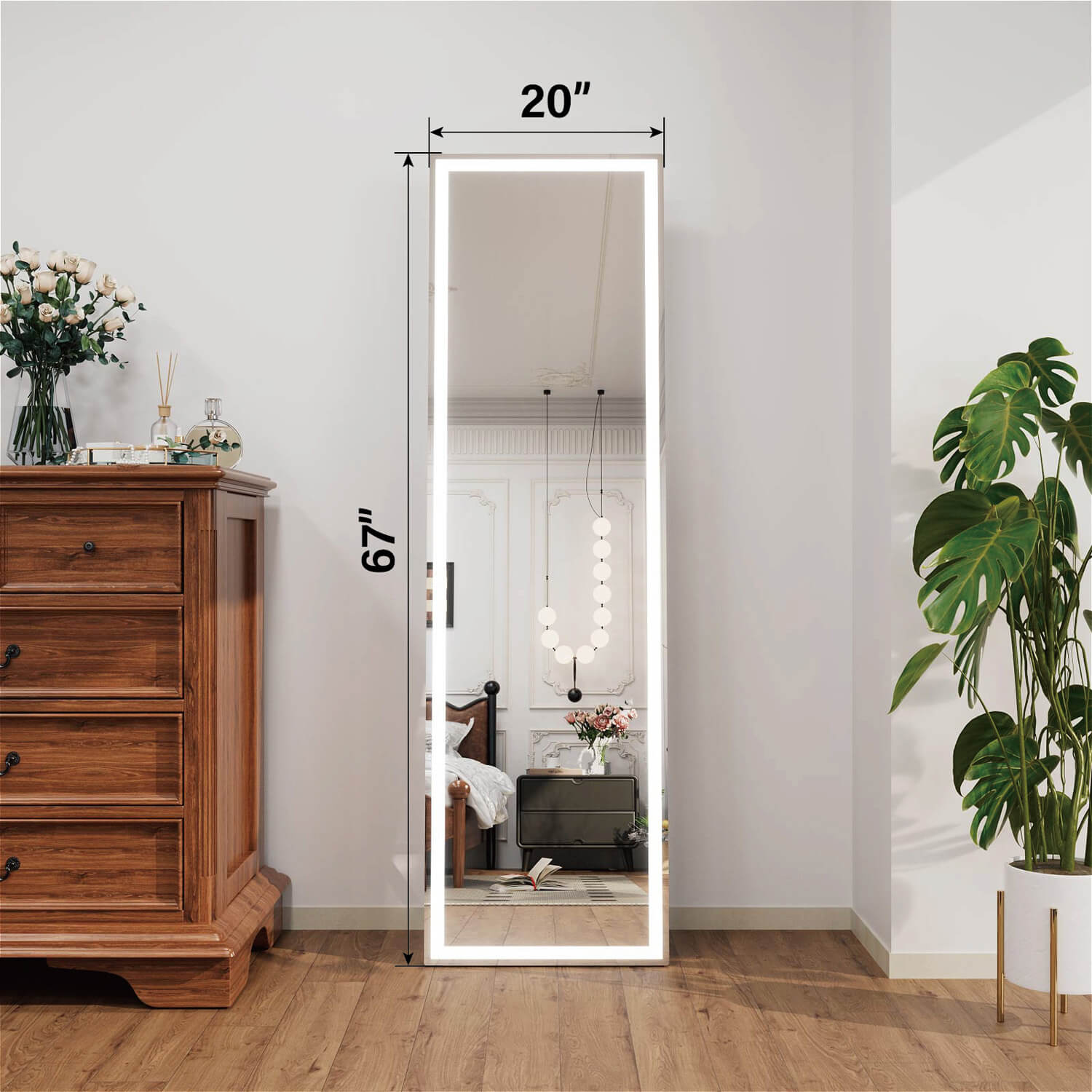 67x20 inch LED full length mirror with edge lighting and dimension markings