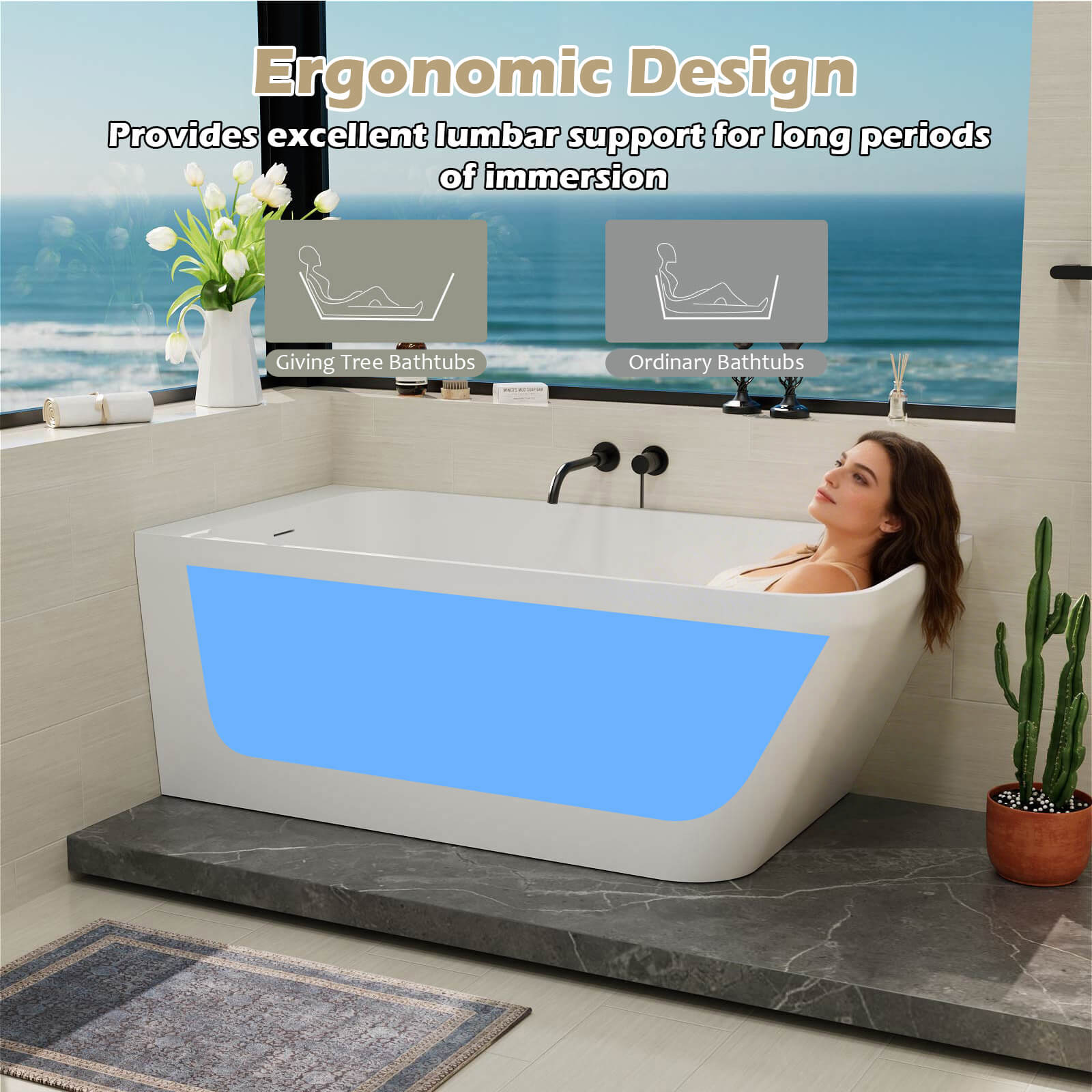 59" Corner Solid Surface Bathtub Two Sided Wall Fit