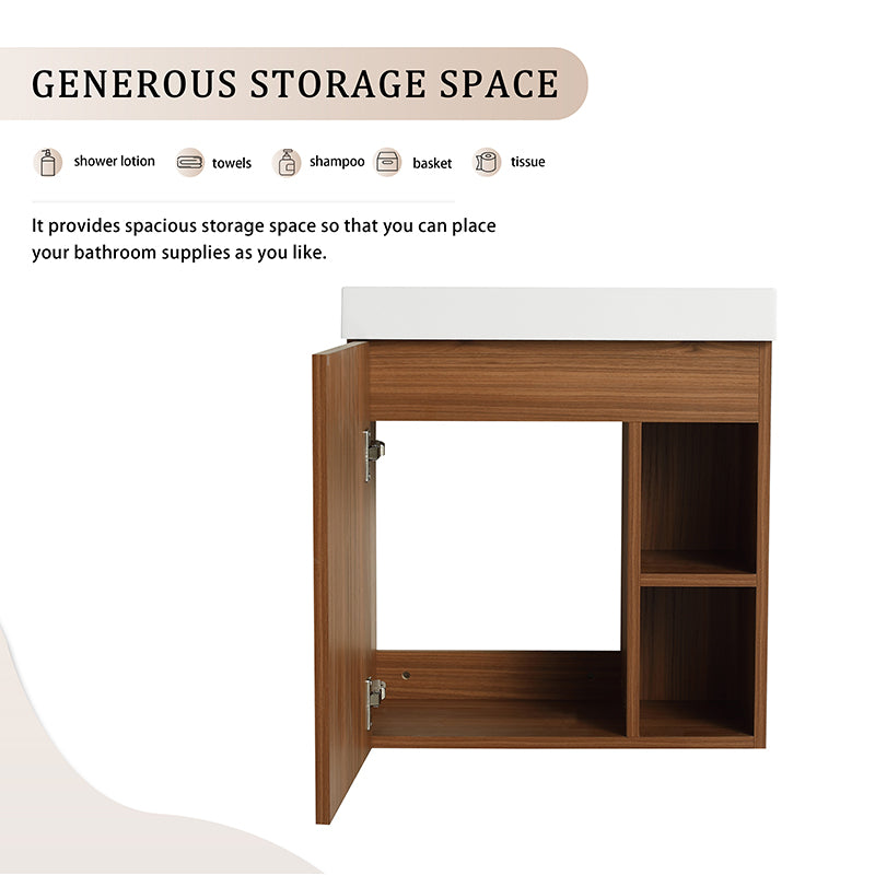 Mueble de baño flotante de 20 pulgadas para montaje en pared con lavabo de resina y puerta de armario con cierre suave.