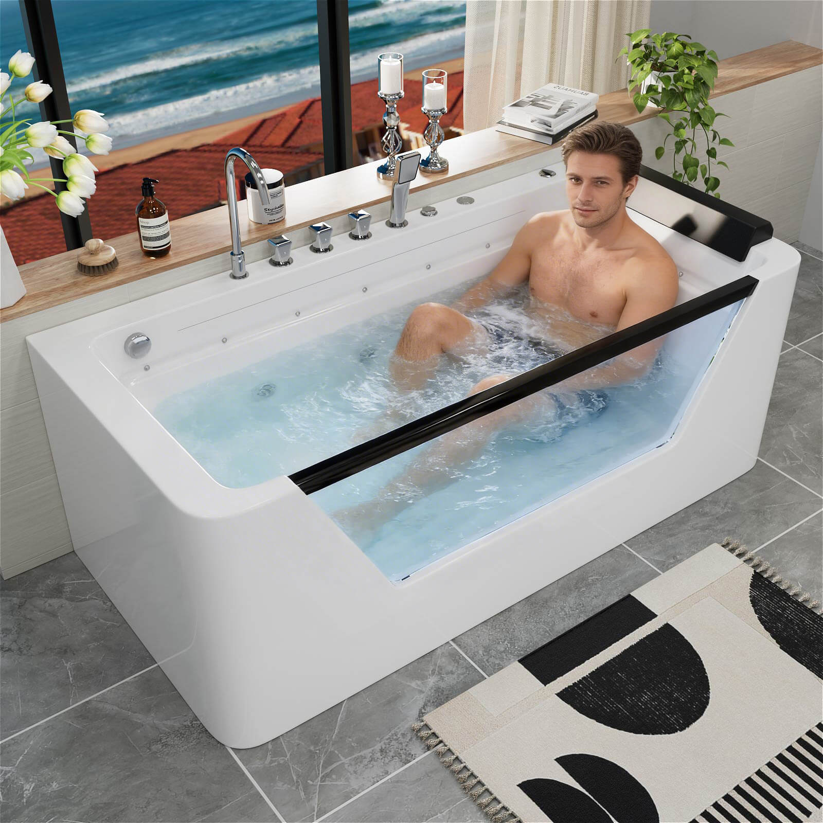 67" Whirlpool Bathtub with 7 Jets, Glass Panel Jetted Tub, Hydro Massage & LED Lights