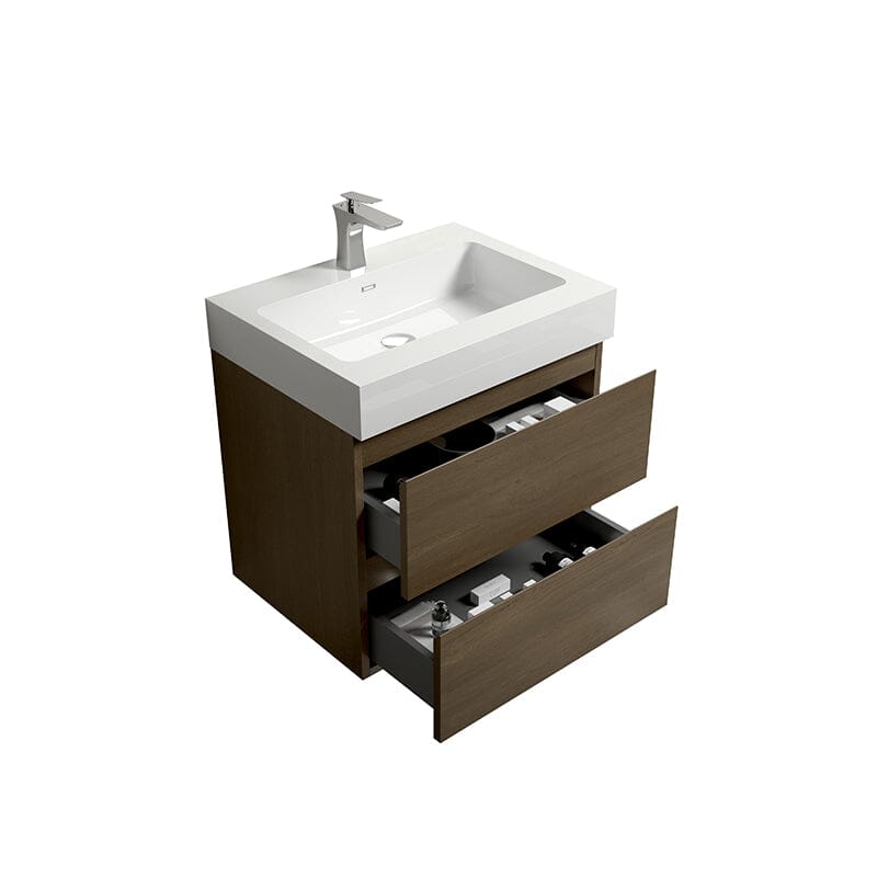 Mueble de baño de roble oscuro de 24 pulgadas con lavabo, de una sola pieza, para montaje en pared.